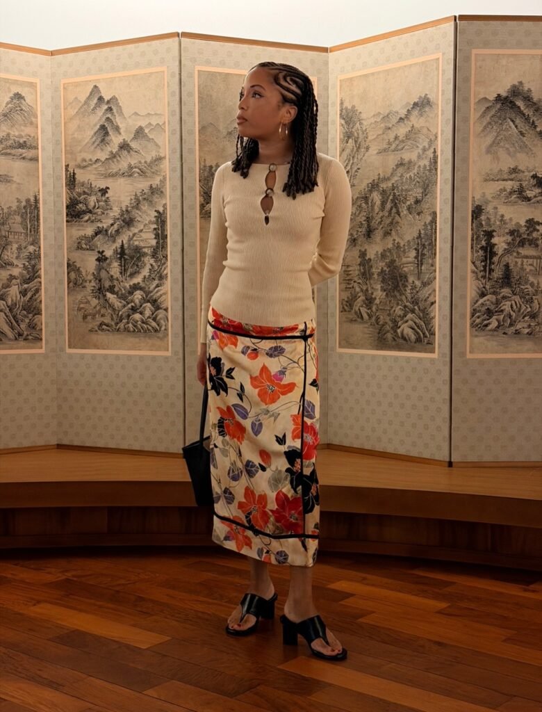 Cream Knit Top With a Floral Midi Skirt