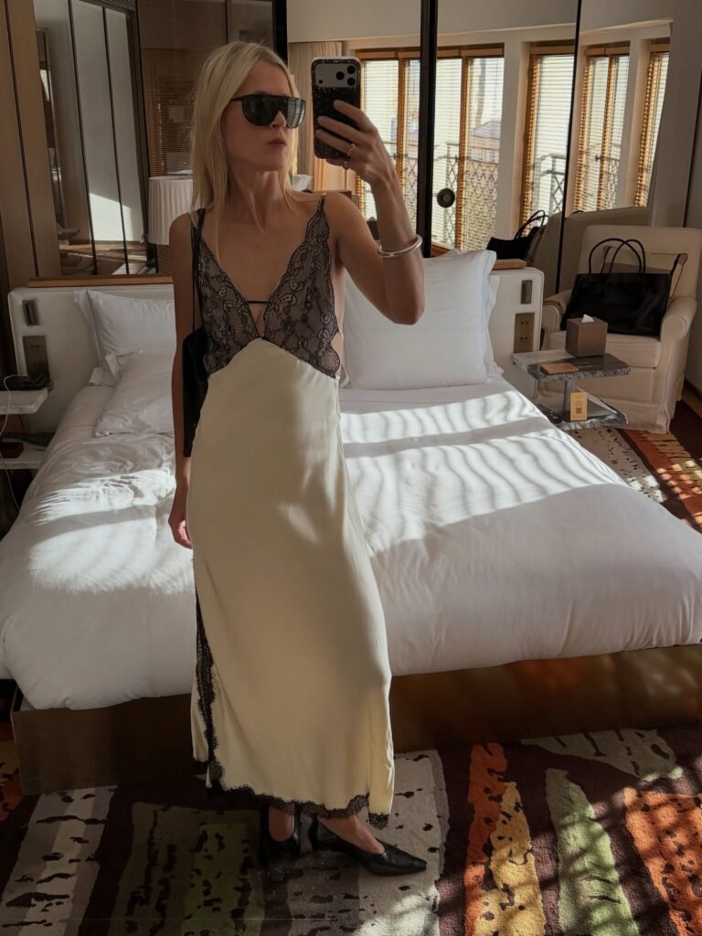 Cream Lace Slip Dress With Black Lace Detail