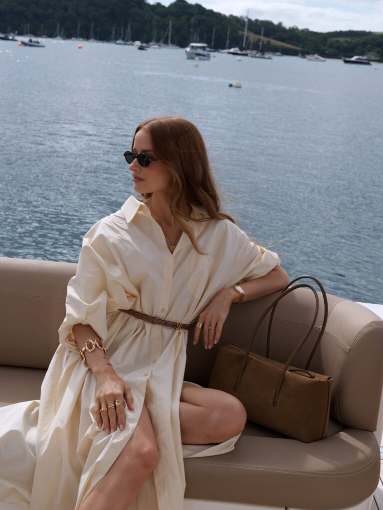 Cream Shirt Dress With a Slim Brown Belt