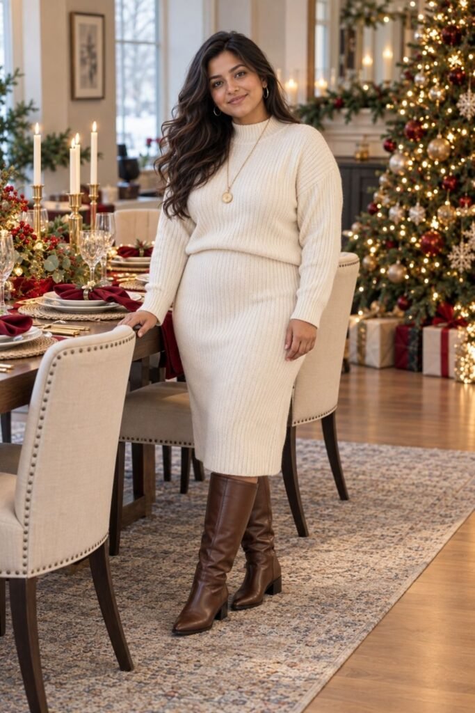 Cream Sweater Dress With Knee Boots and a Long Pendant