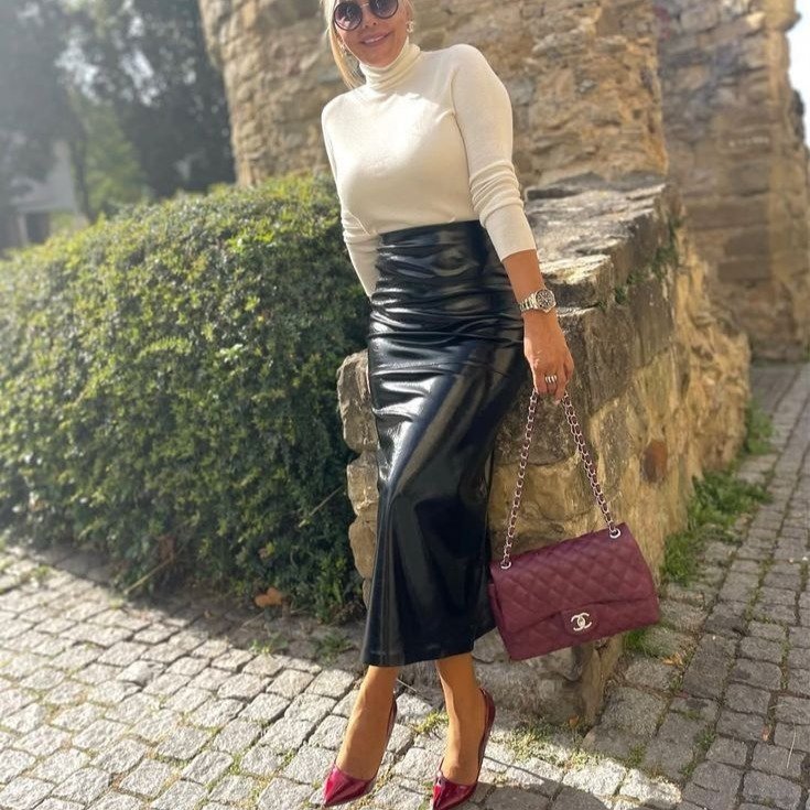 Cream Turtleneck, Glossy Black Skirt, Burgundy Accents