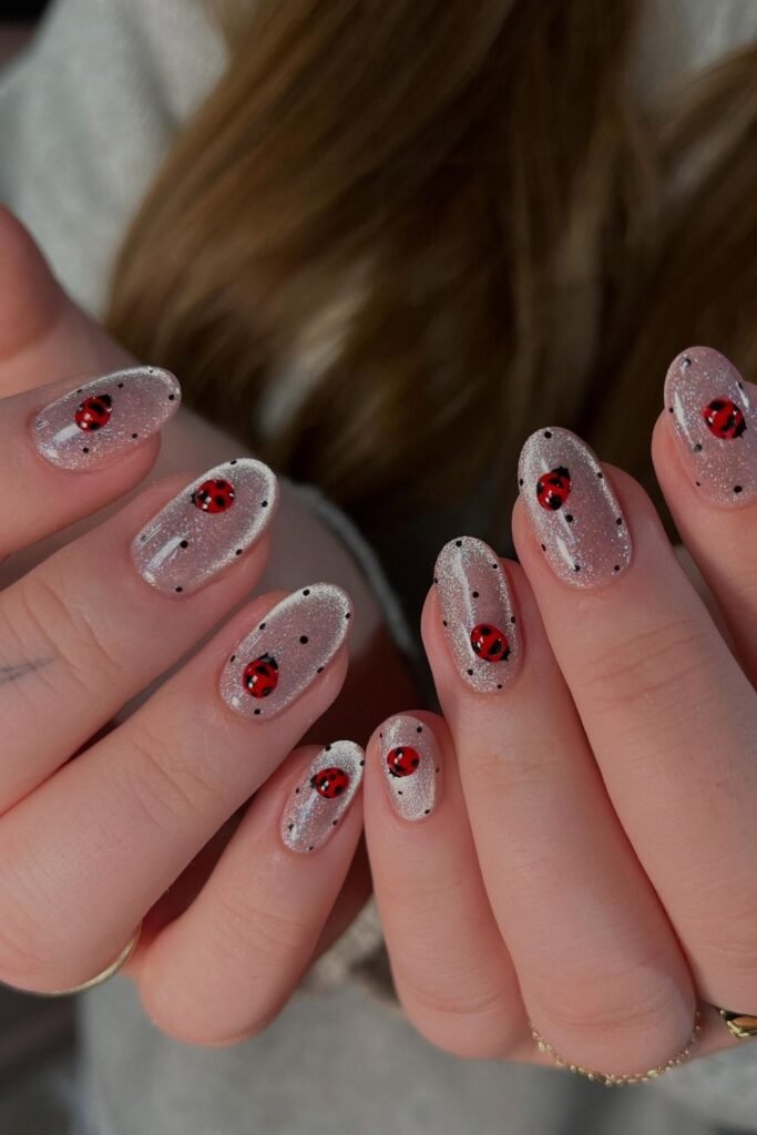 Creepy-Cute Ladybug Glitter Halloween Short Nails