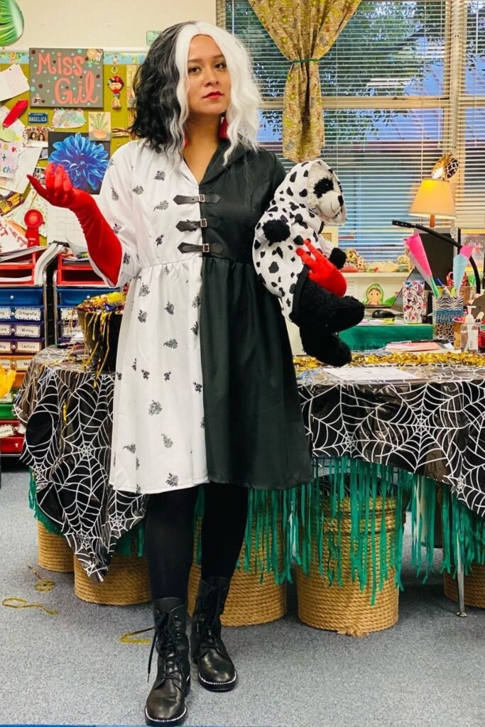 Cruella Costume With a Split Dress and Dalmatian Prop