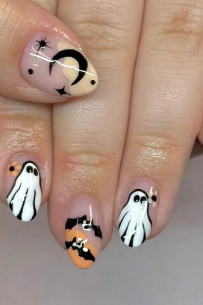 Cute Black Ghost Nails With Bats and Moons