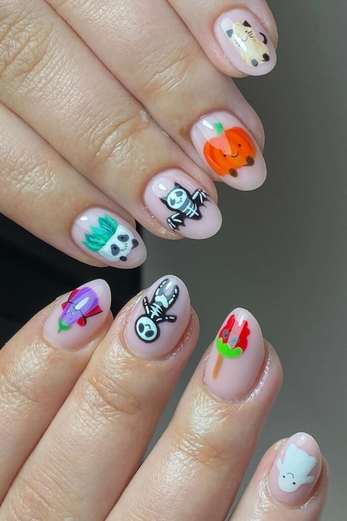 Cute Halloween Character Nails on a Nude Base