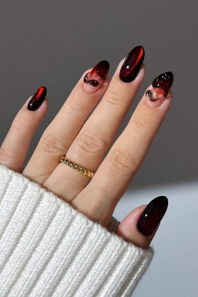 Dark Cherry Cute Halloween Nails With Smoky Detail