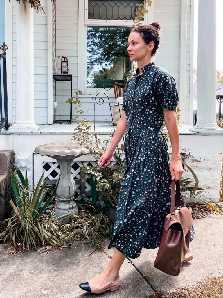 Dark Floral Midi Dress With Cap Toe Flats