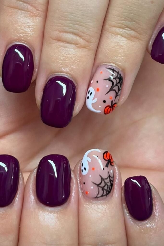 Deep Purple Halloween Short Nails With Ghost Accents