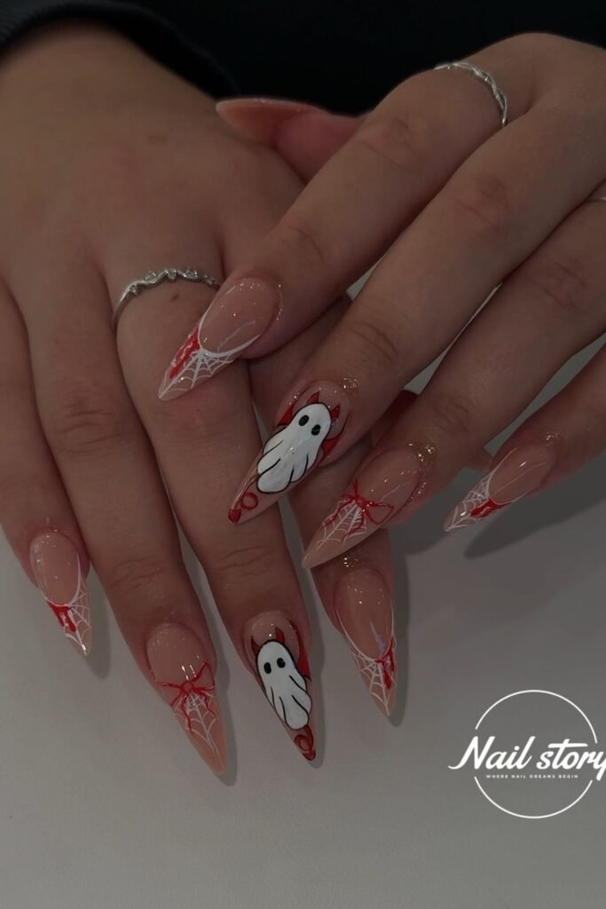 Devil Ghost Nails With Red Web French Tips