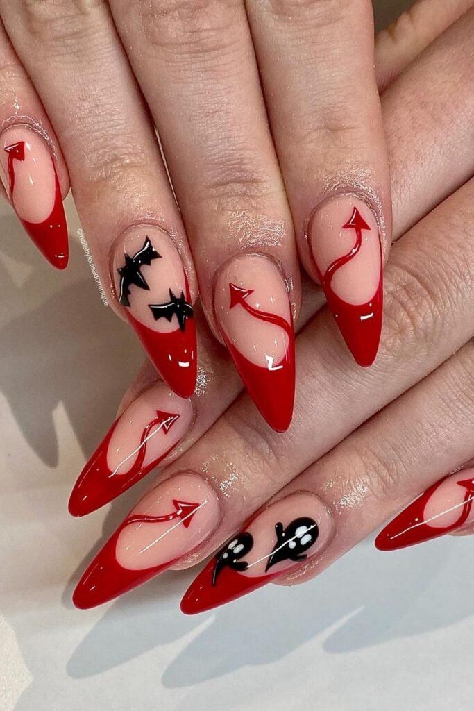 Devil Red French Tips With Bats and Tails