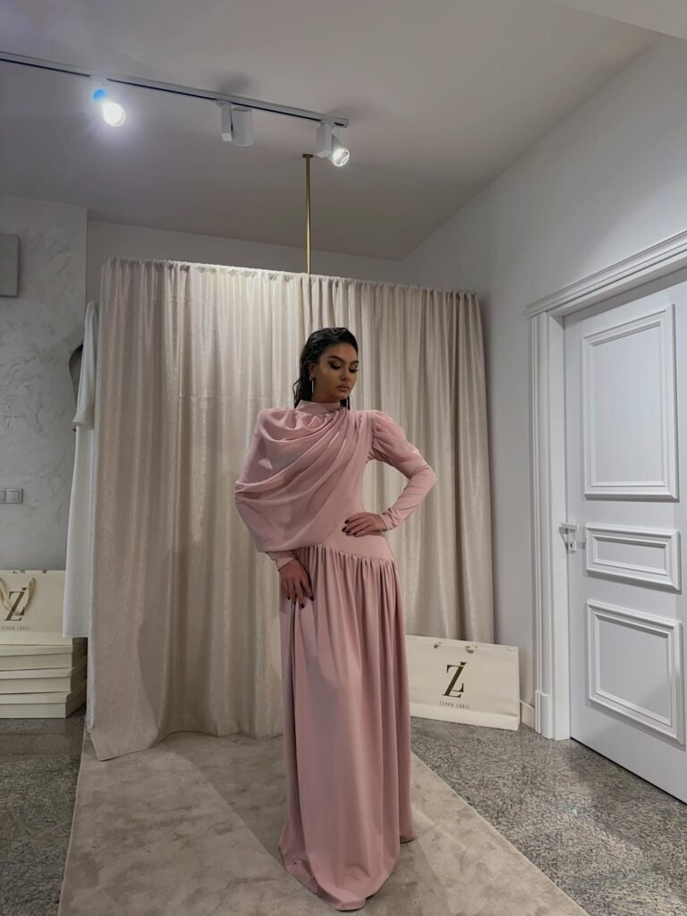 Draped Blush Pink Long Sleeve Gown