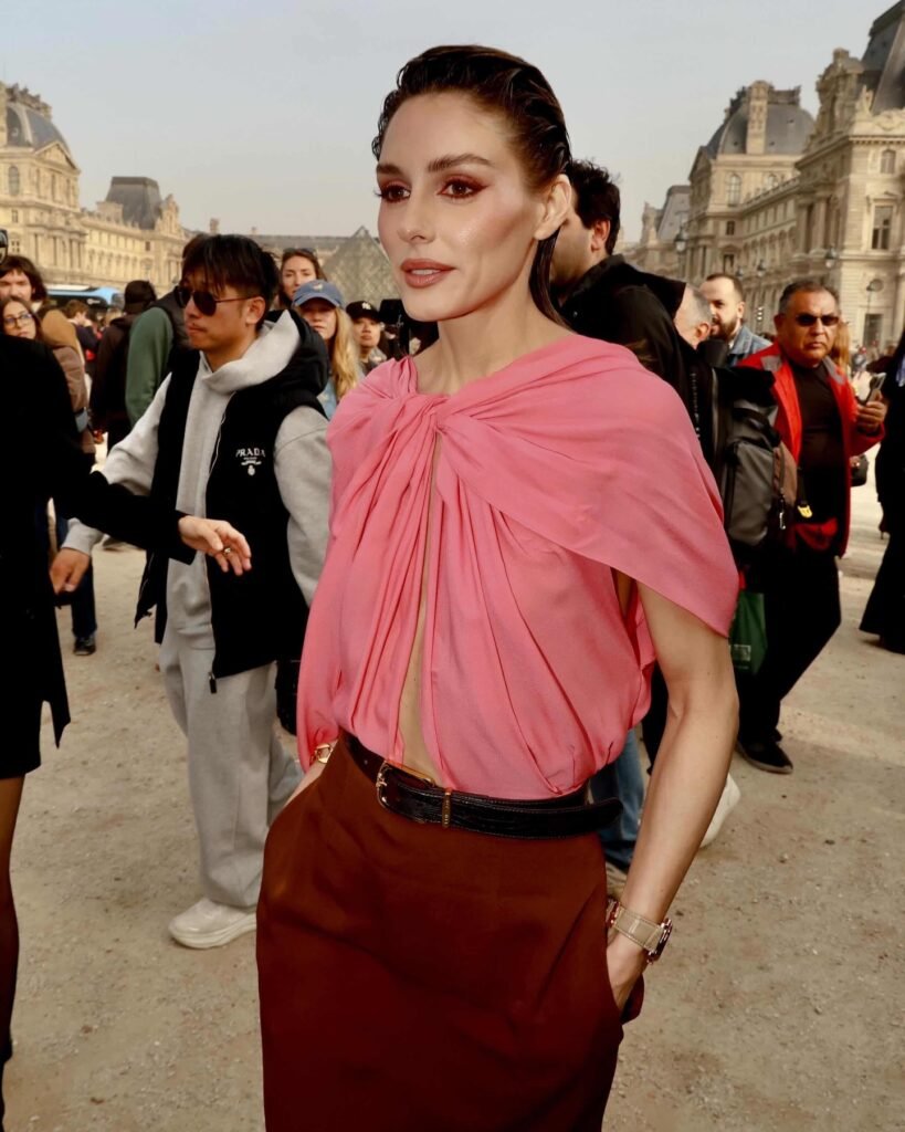 Draped Pink Top With Chocolate Brown Trousers