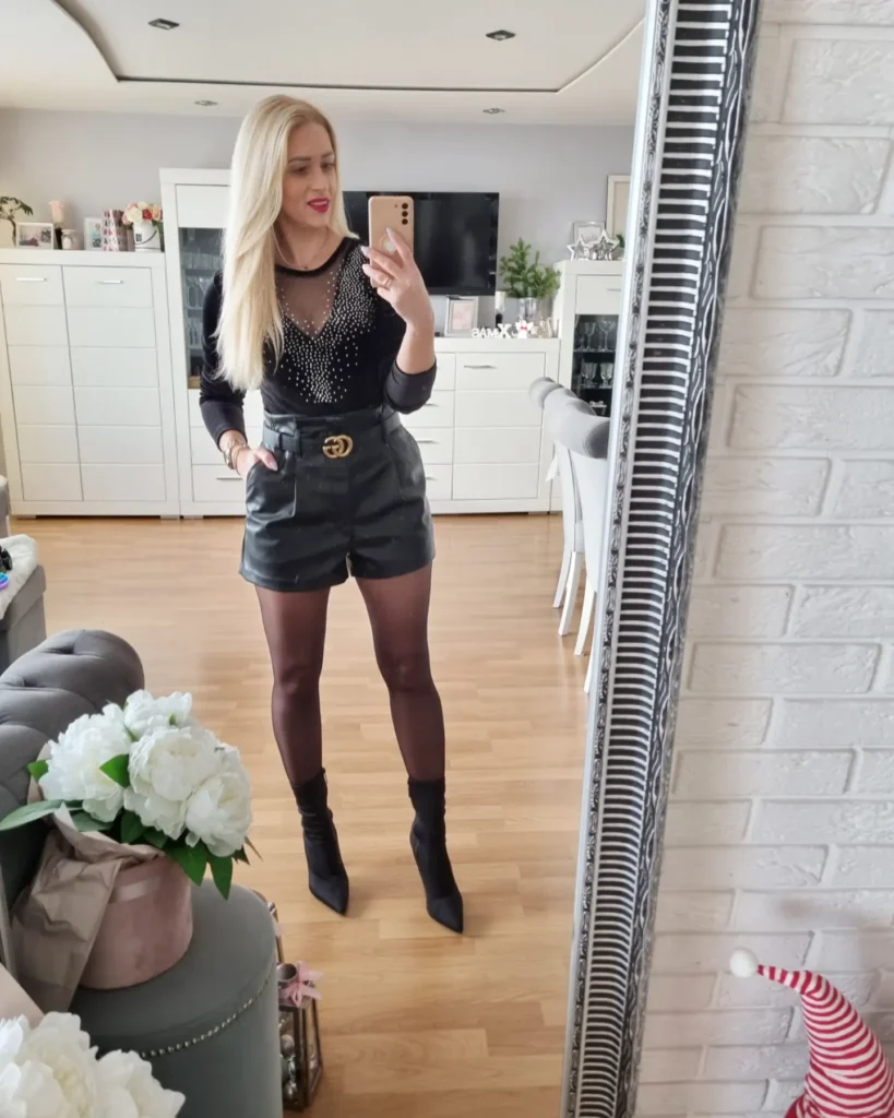 Embellished Black Top With Leather Shorts and Sheer Tights