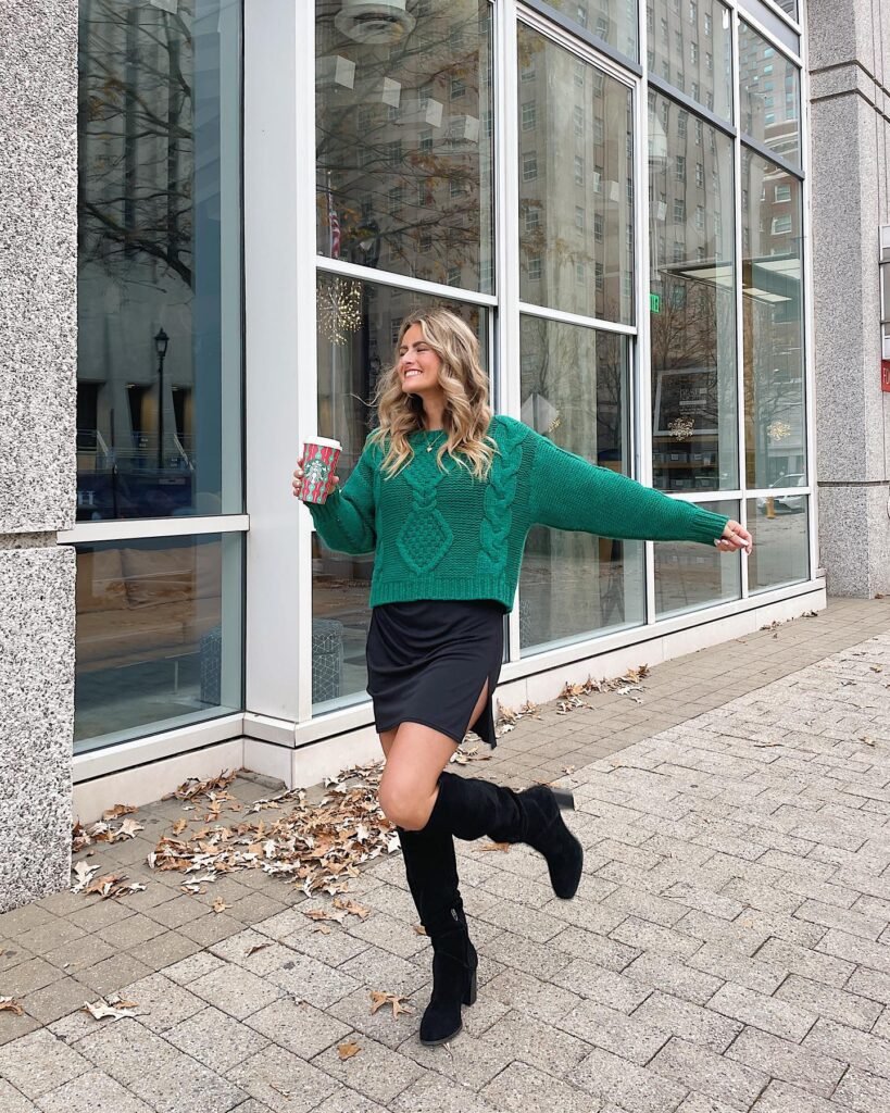 Emerald Cable Knit Over a Black Mini