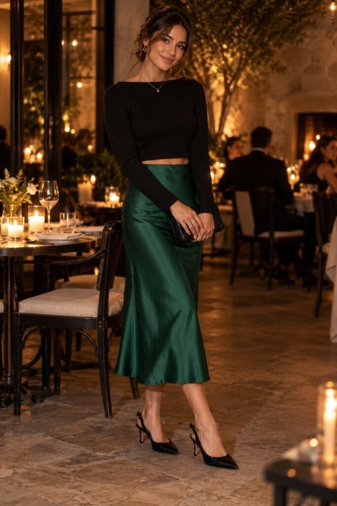 Emerald Satin Skirt With a Cropped Black Sweater