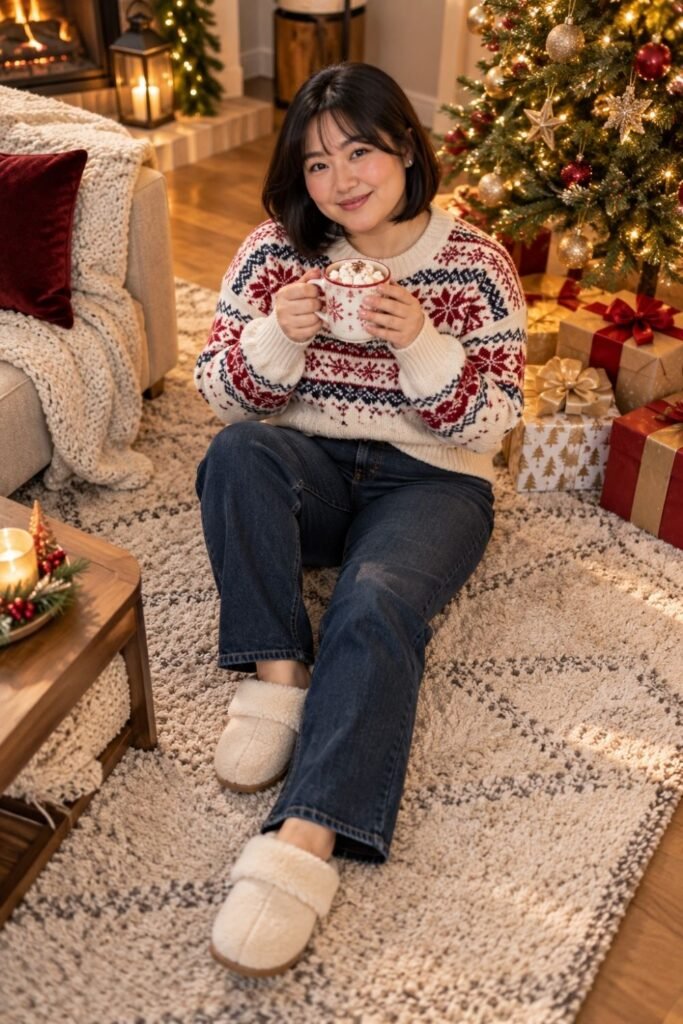 Festive Knit Sweater With Straight Jeans for Christmas Morning