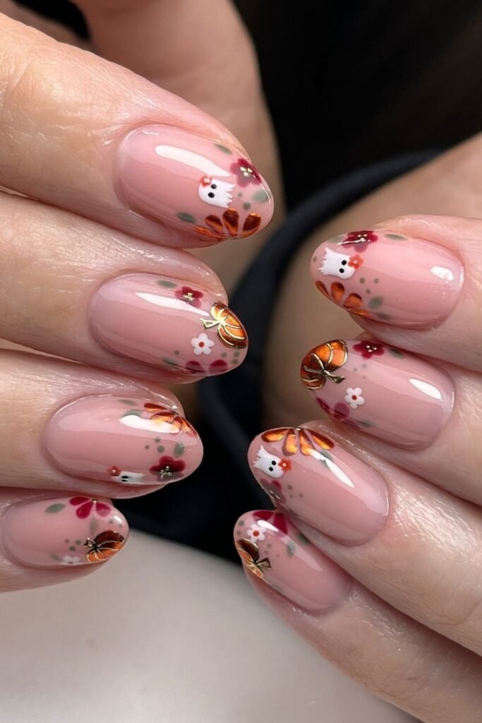 Floral Ghost Almond Nails With Metallic Pumpkin Accents