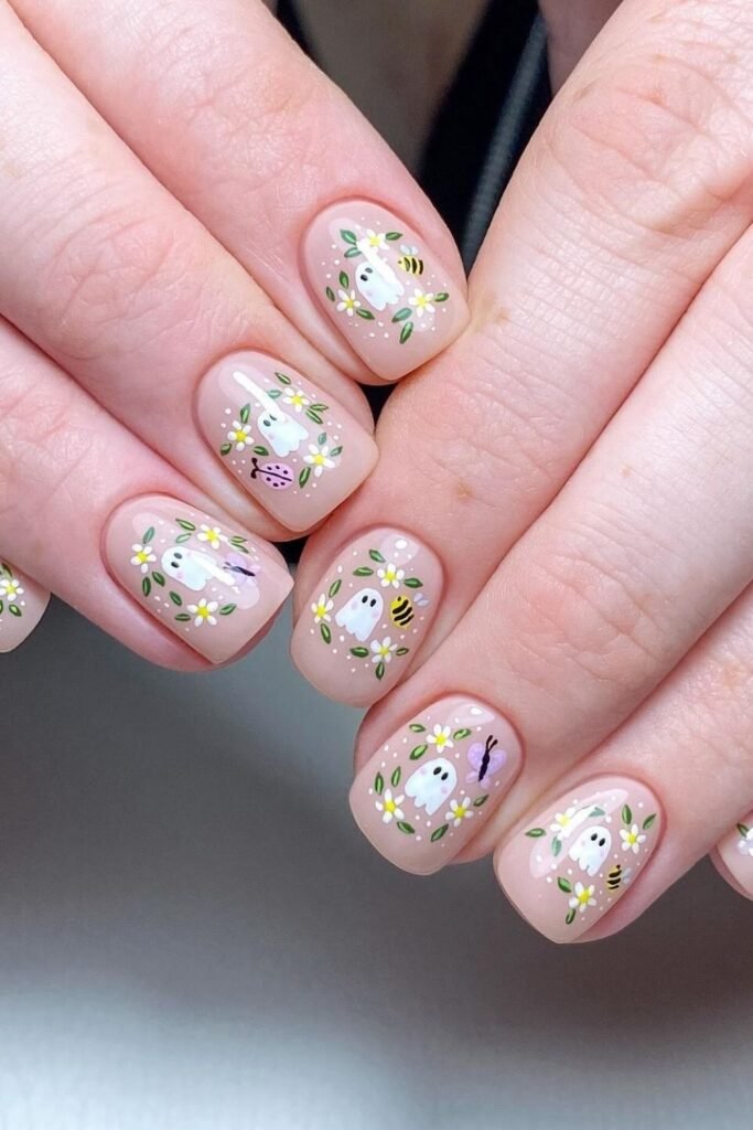 Floral Ghost Halloween Cute Nails