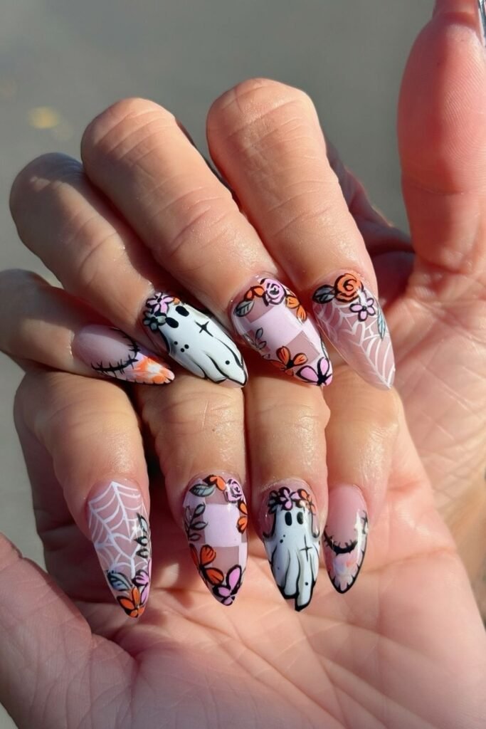 Floral Ghost Halloween Nails With Spiderwebs