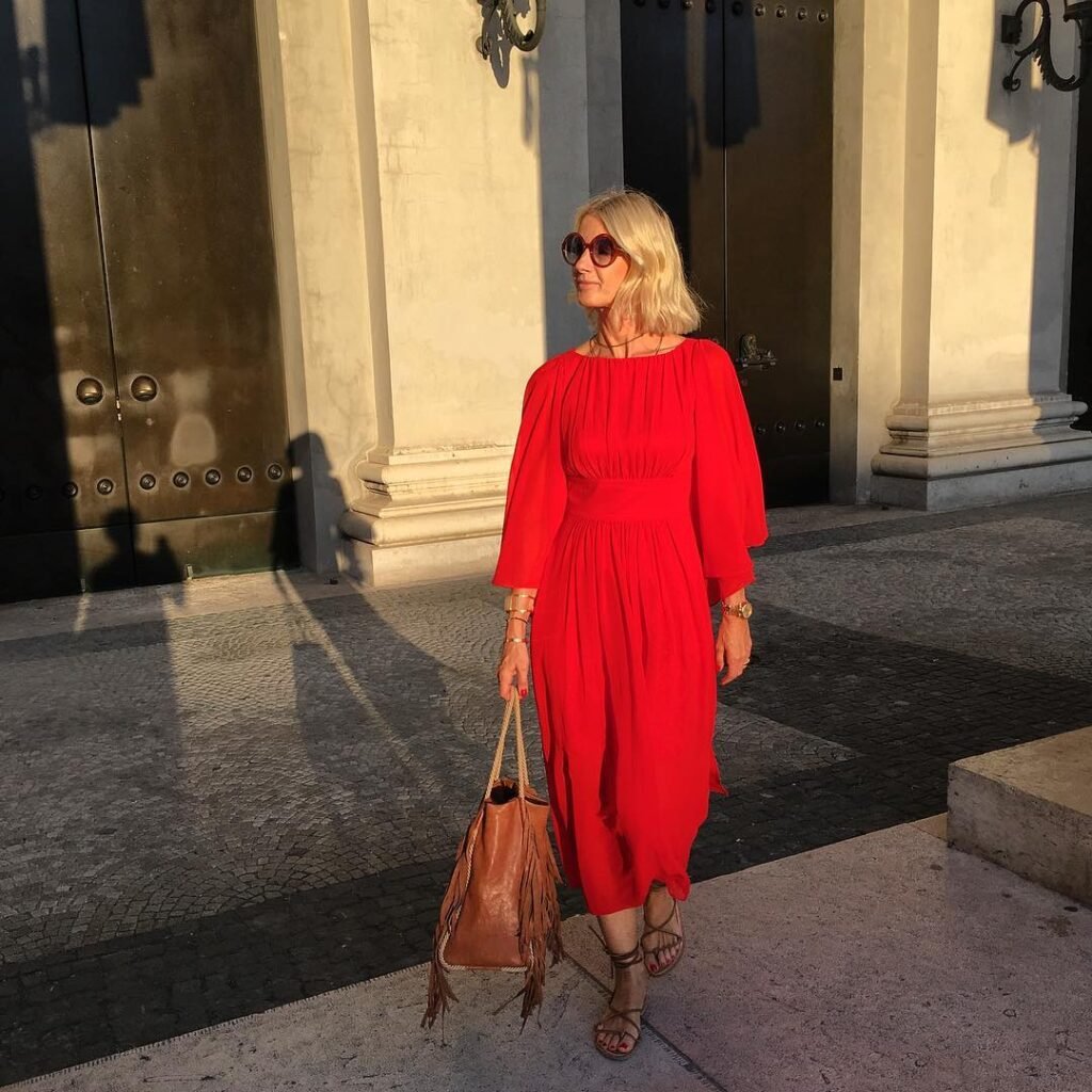 Flowing Red Midi Dress With Brown Accessories