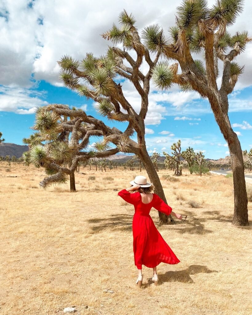 Flowing Red Midi Dress With a Cream Hat