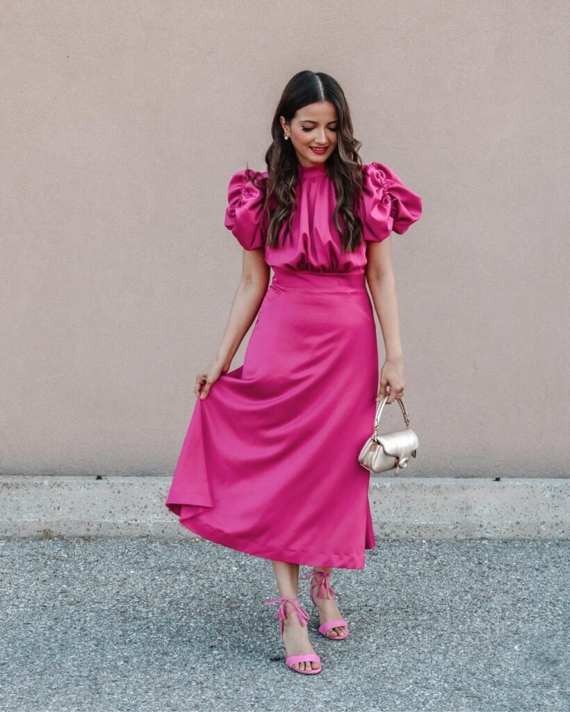 Fuchsia Puff Sleeve Midi Dress With Matching Heels
