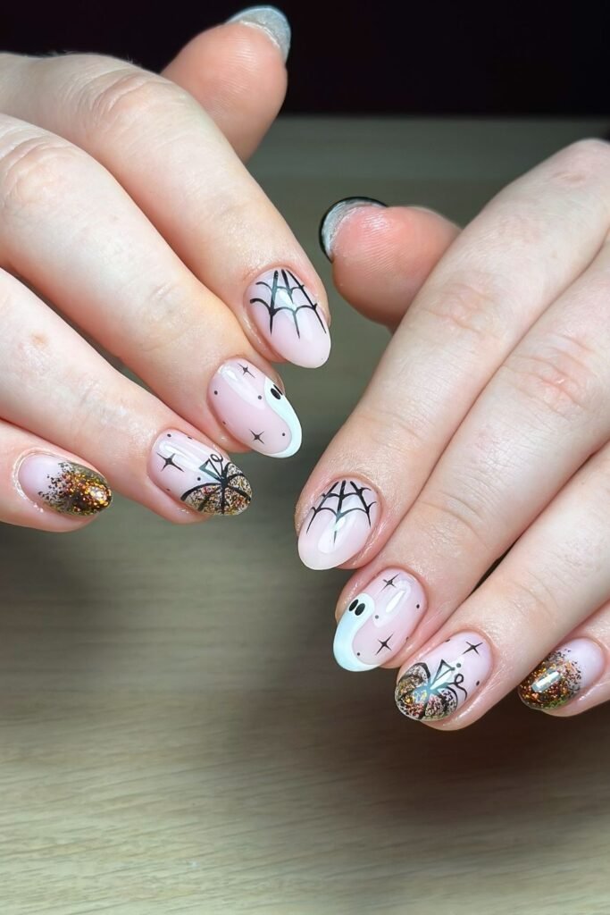 Glitter Pumpkin and Ghost Halloween Short Nails