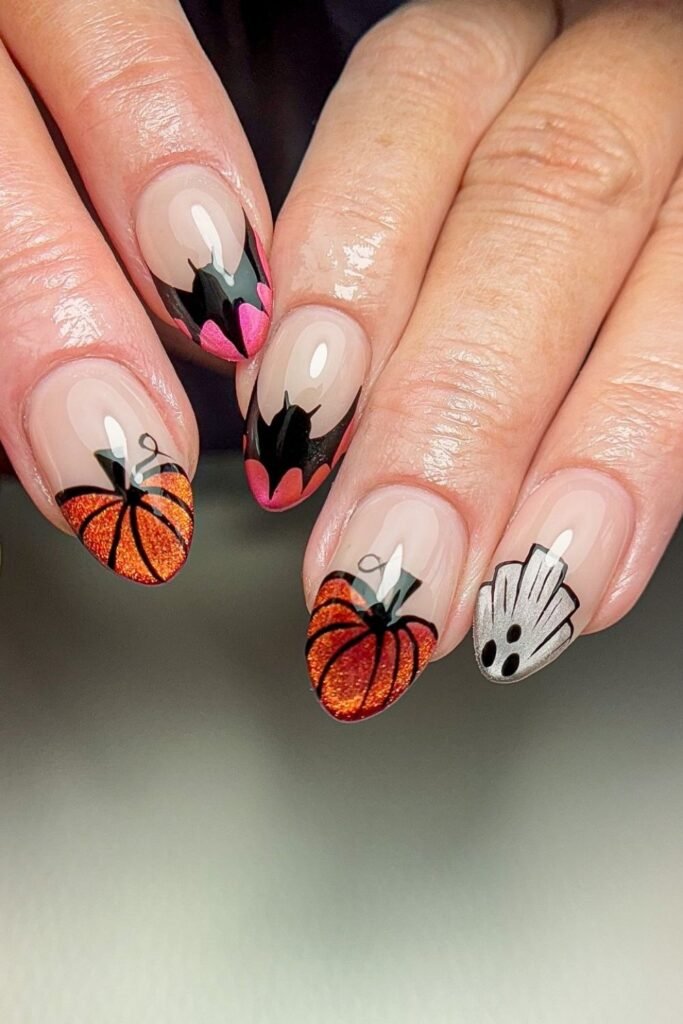 Glitter Pumpkins With Ghost Faces and Floral Black Tips