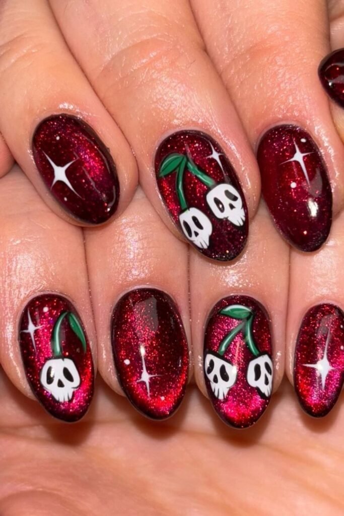Glittering Red Skull Cherry Nails