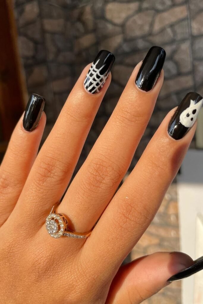 Glossy Black Ghost and Web Nails
