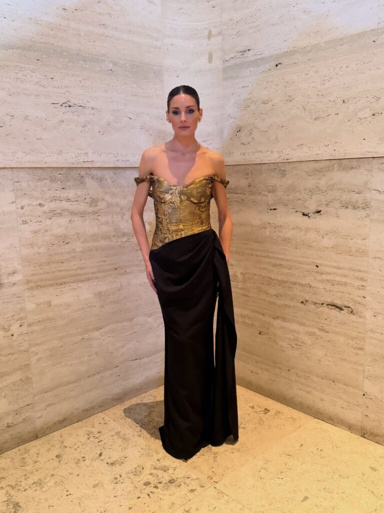 Gold Corset and Black Draped Skirt for a Formal Date