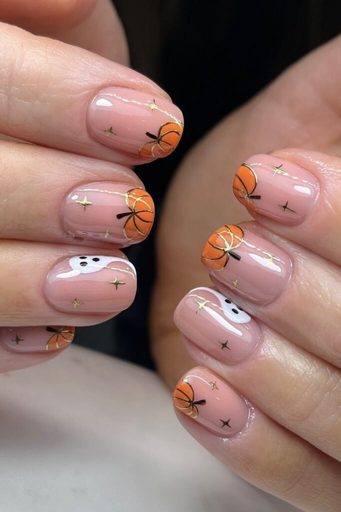 Gold Pumpkin and Ghost Halloween Short Nails