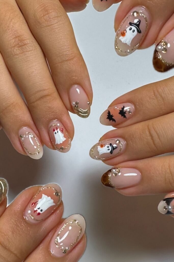 Gold-Trimmed Witchy Ghost Halloween Short Nails