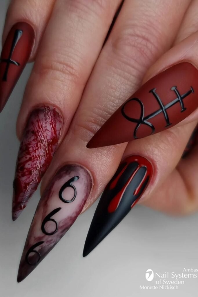 Gothic Red and Black Stiletto Nails