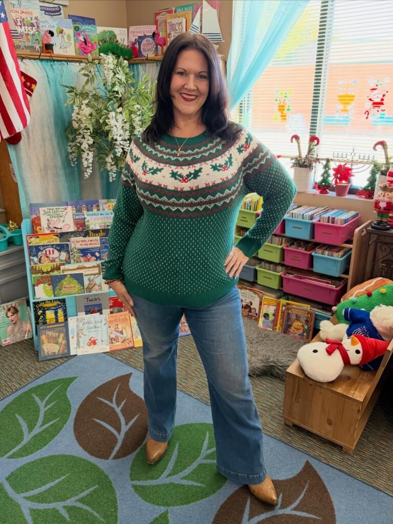 Green Fair Isle Sweater With Wide Leg Jeans