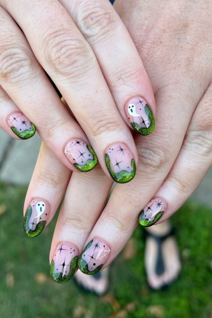 Green Glitter Ghost and Spiderweb Nails