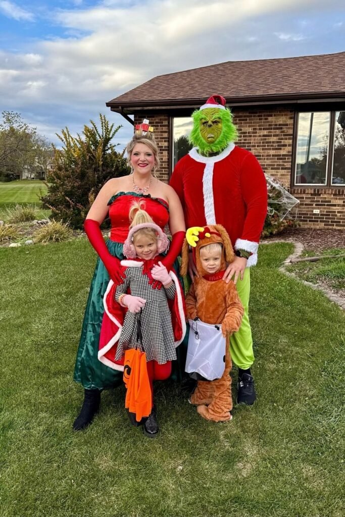 Green Holiday Grouch Family With Red and Evergreen Details