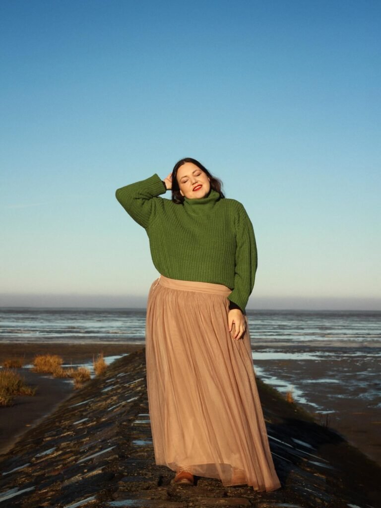 Green Turtleneck With a Soft Tulle Maxi Skirt