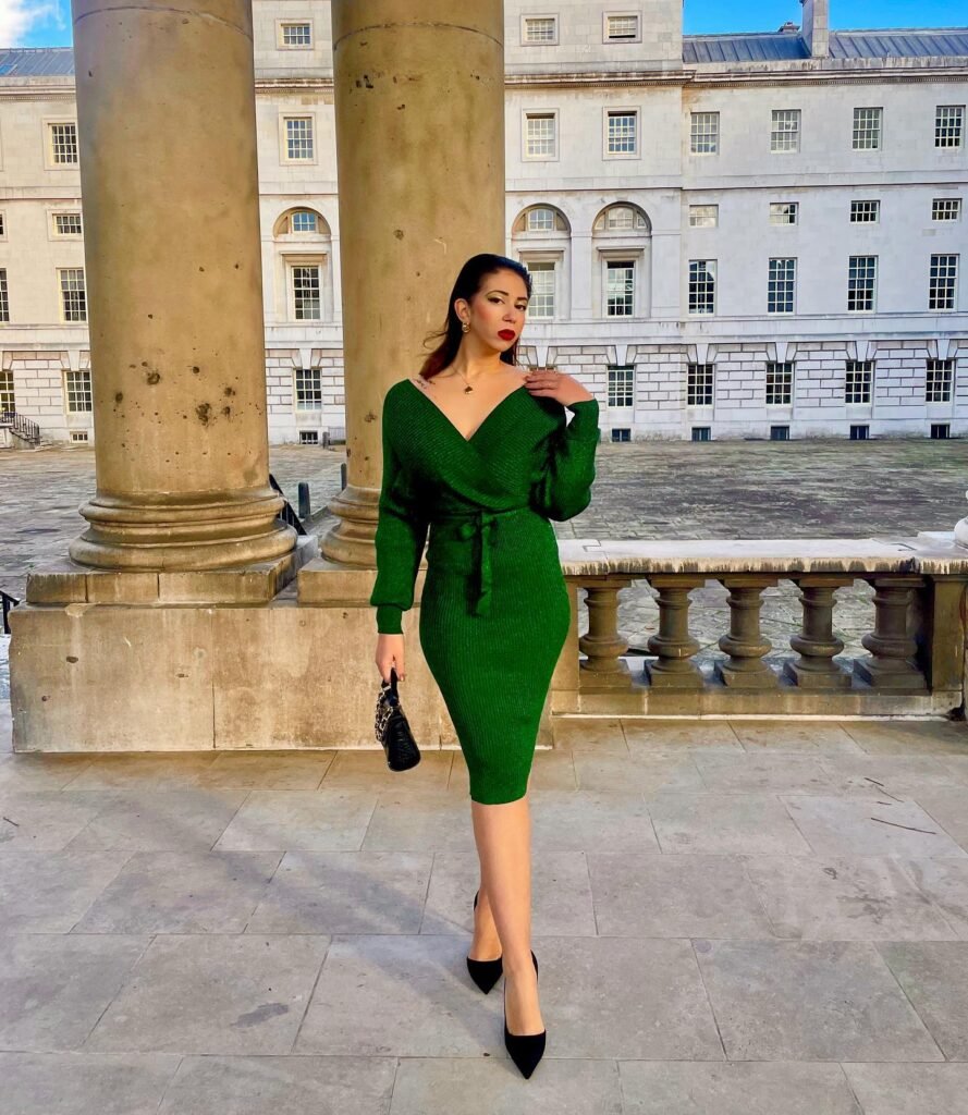 Green Wrap Knit Midi Dress With Black Pumps