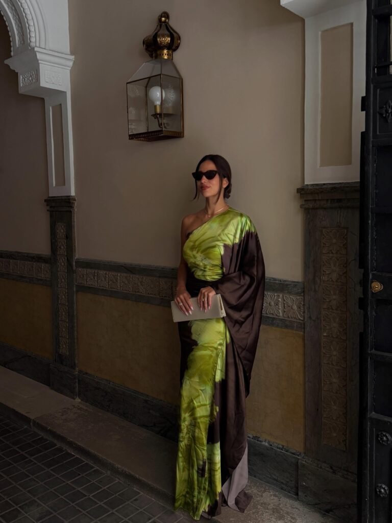 Green and Chocolate One-Shoulder Gown