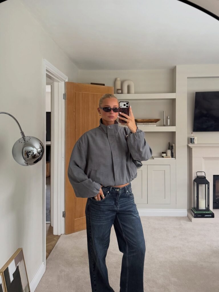 Grey Cropped Jacket and Dark Straight Denim