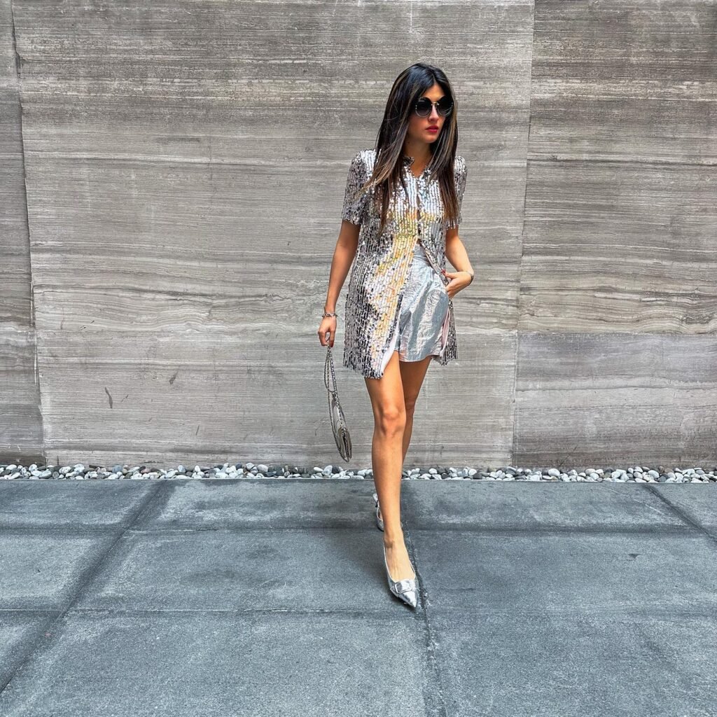 Head-to-Toe Silver Sequins and Metallic Shorts