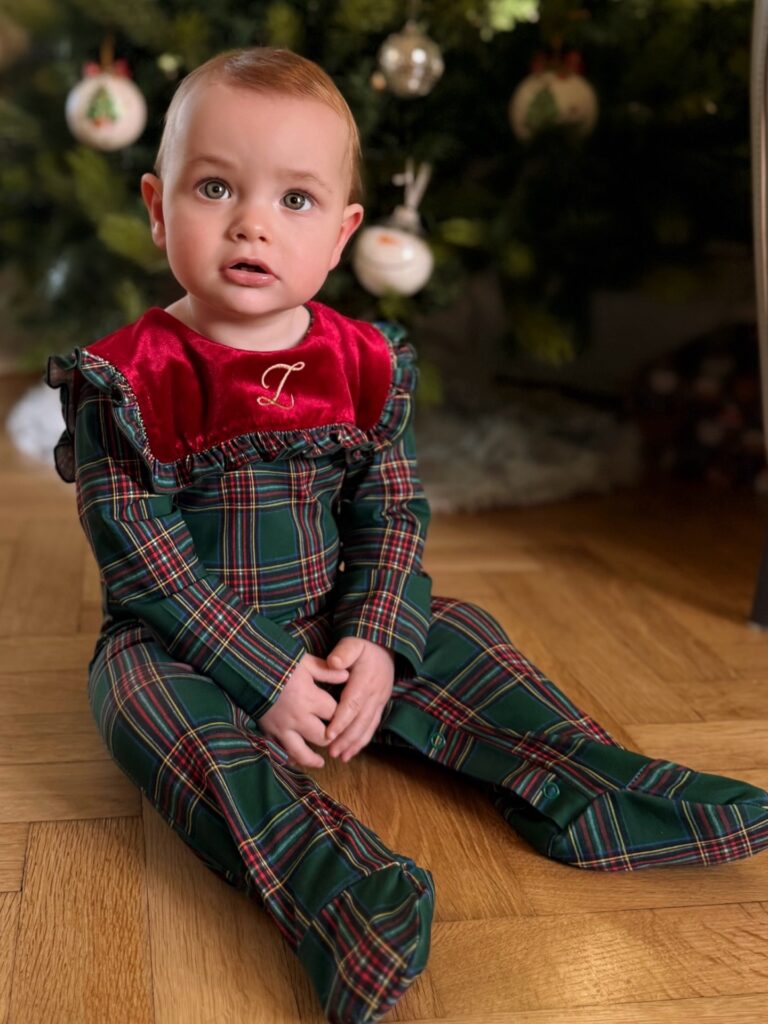 Heirloom Tartan Footie With a Velvet Holiday Bib