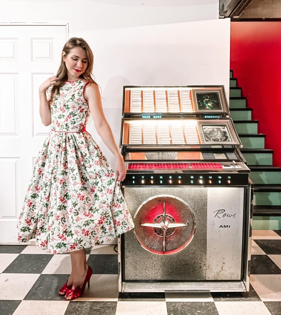 Holly Print Fit-and-Flare Dress With Red Heels