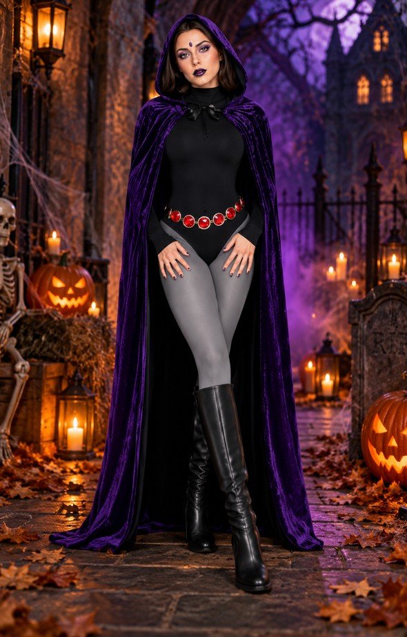 Hooded Purple Velvet Costume With Black Bodysuit