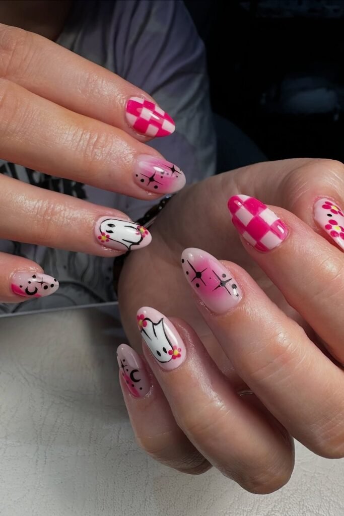 Hot Pink Checkerboard Ghost Nails