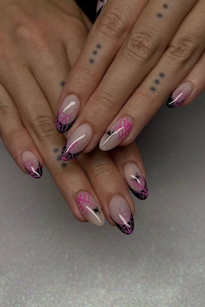 Hot Pink Spiderweb French Halloween Nails