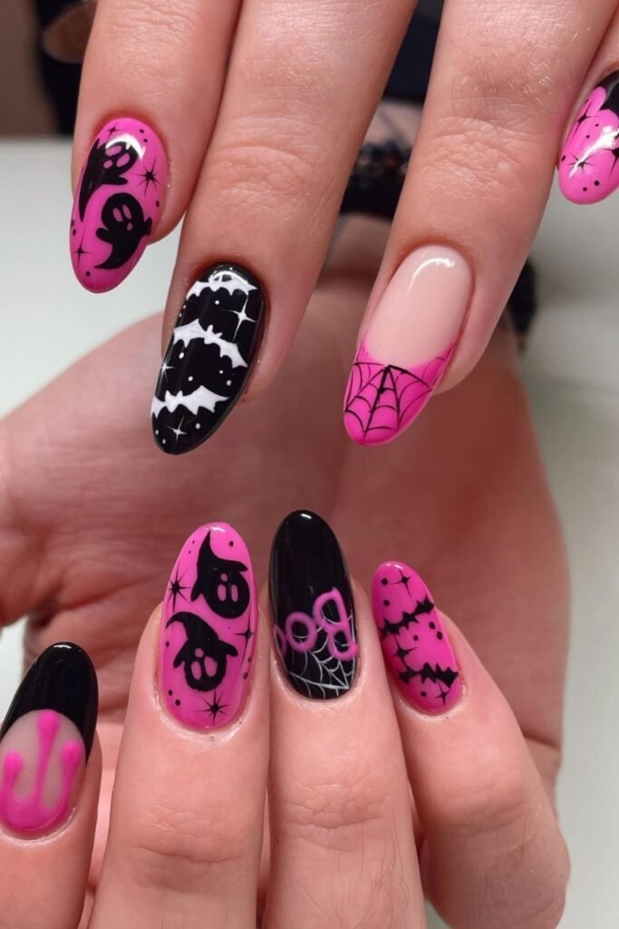 Hot Pink and Black Ghost Nails That Feel Graphic