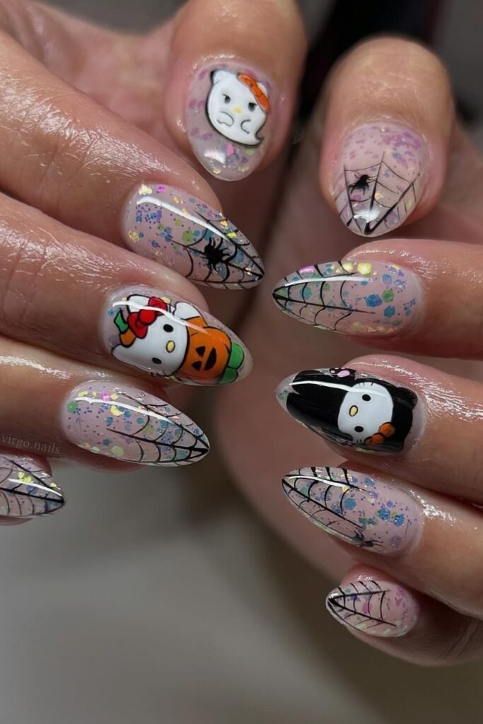 Iridescent Spiderweb Hello Kitty Halloween Nails