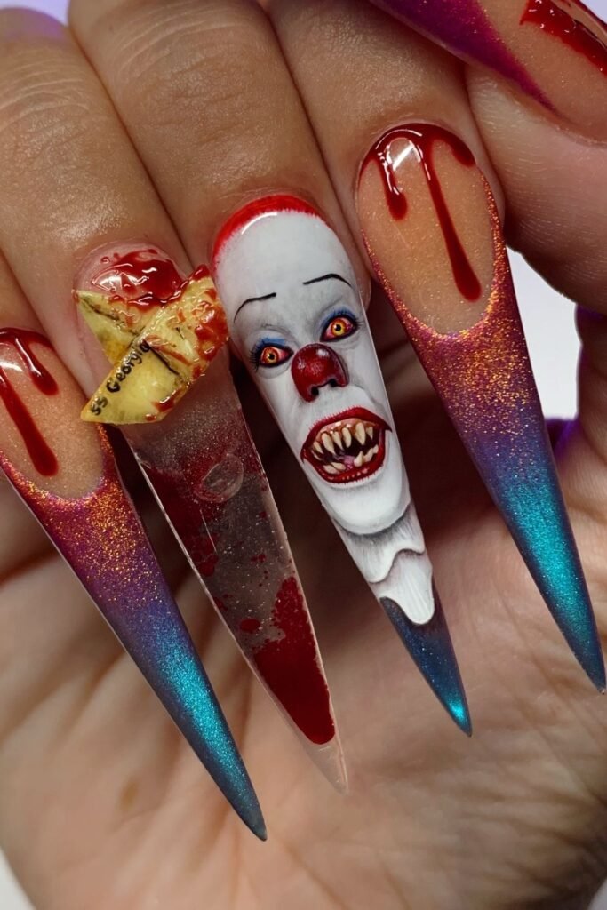 Killer Clown Red Drip Nails With Metallic Ombre